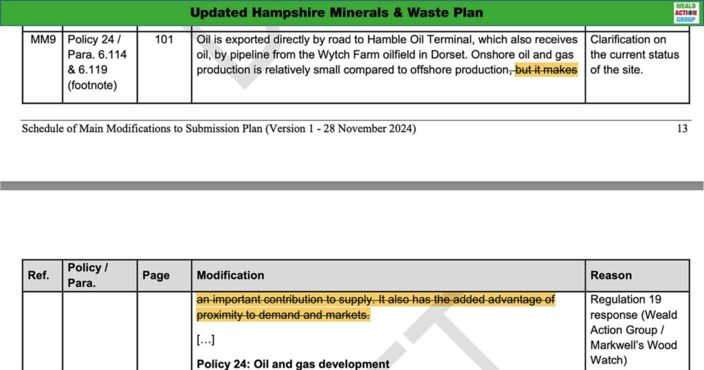 Screenshot from the Updated Hampshire Minerals & Waste Plan showing text that was deleted thanks to the submission by the Weald Action Group and Markwells Wood Watch